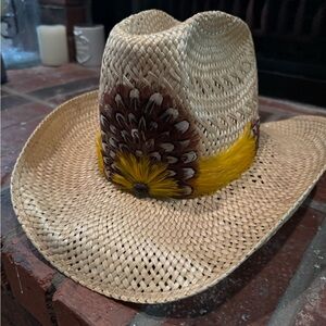Natural Straw Cowboy Hat with Yellow Feather Accent